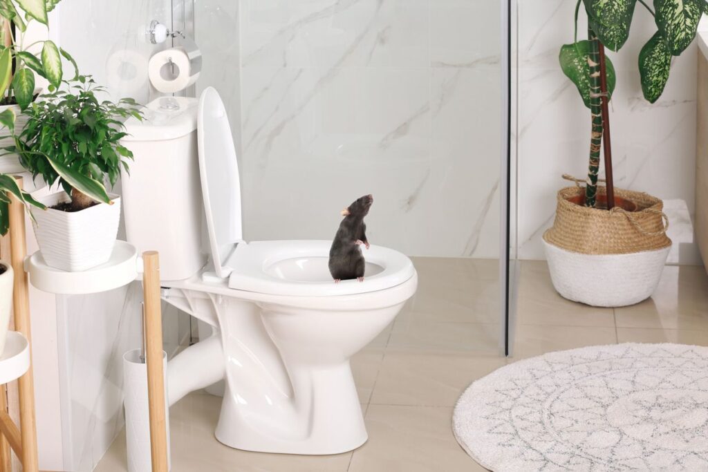 A rat stands on the edge of a toilet bowl after swimming through pipes.